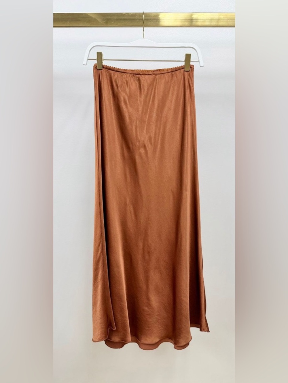 (9298/235110-RUST) SOLID ELASTIC LACE TRIM WAIST SILKY VISCOSE MAXI SKIRT - Picture 2 of 6